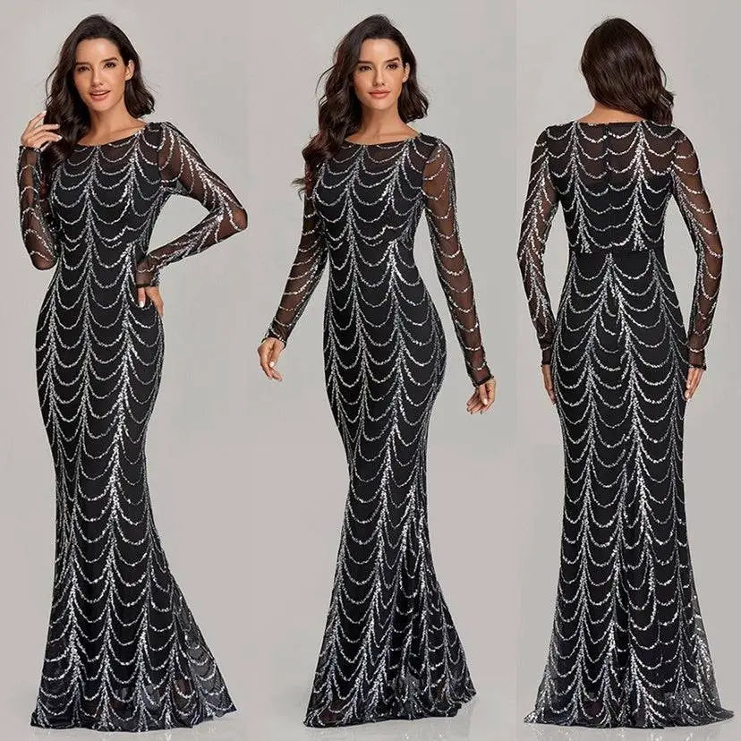 Black Silver Sequin Mermaid Women Maxi Dresses Long Sleeve