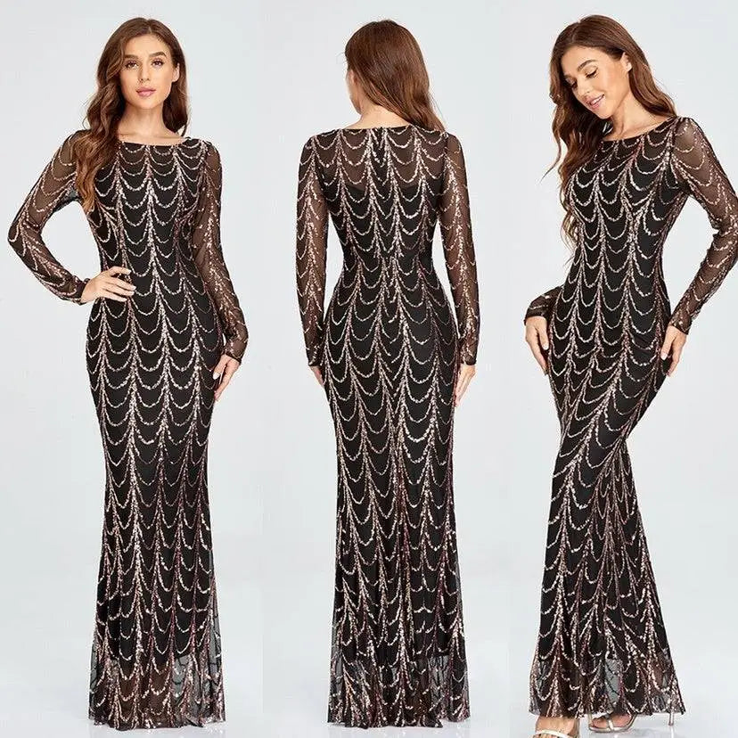 Black Silver Sequin Mermaid Women Maxi Dresses Long Sleeve