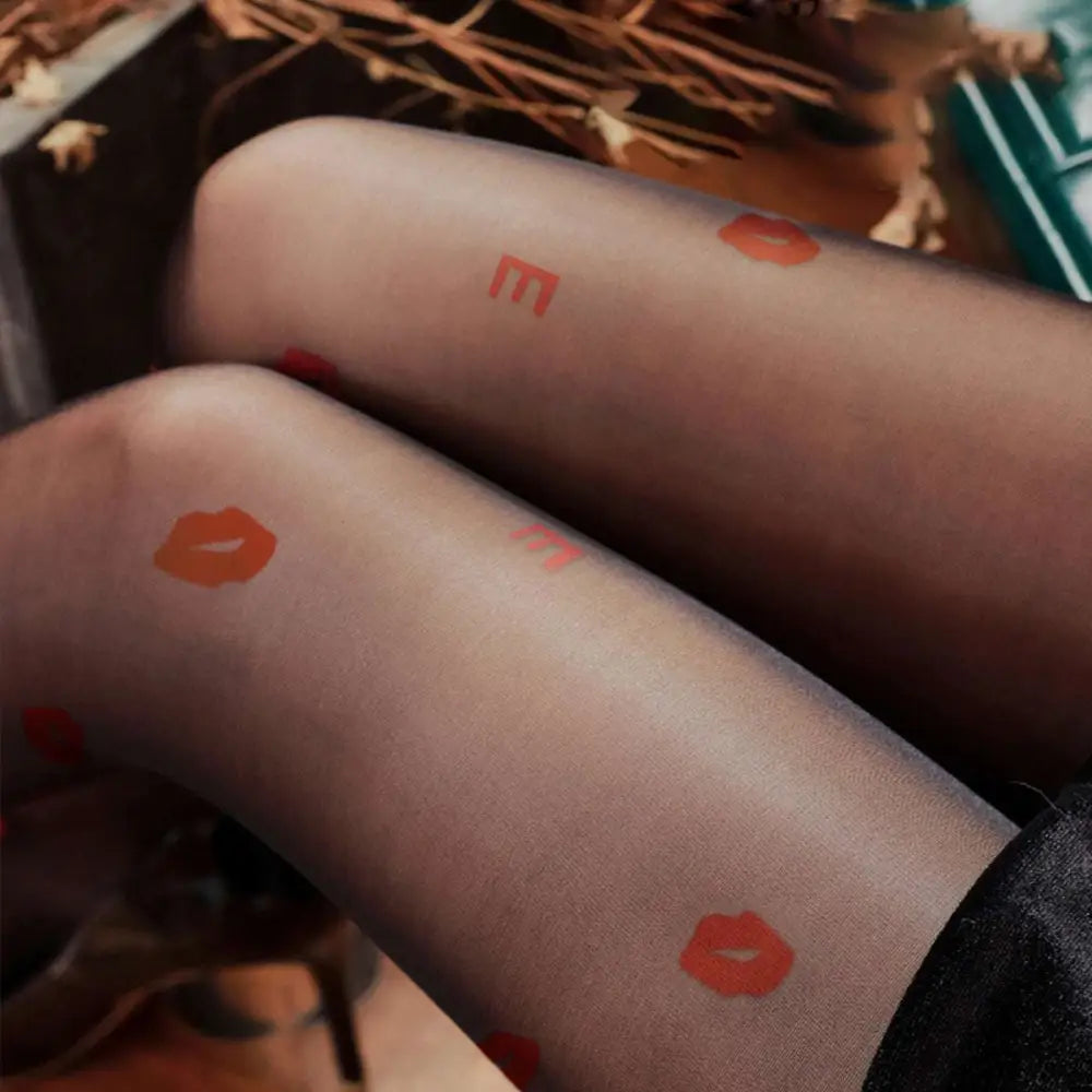 Black Snagging Resistant Sock Leggings with Red Patterns