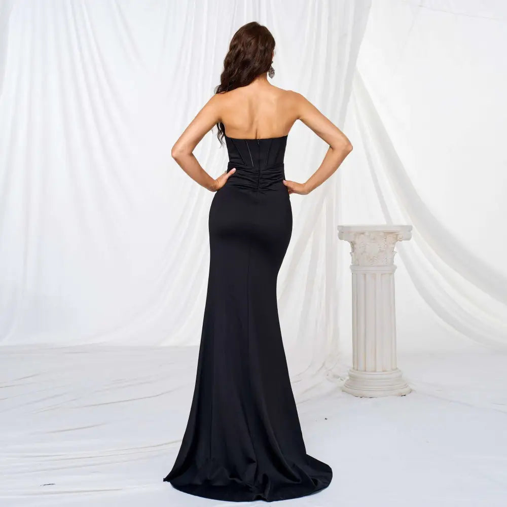 Black Strapless Ruched Large Hem Evening Dress