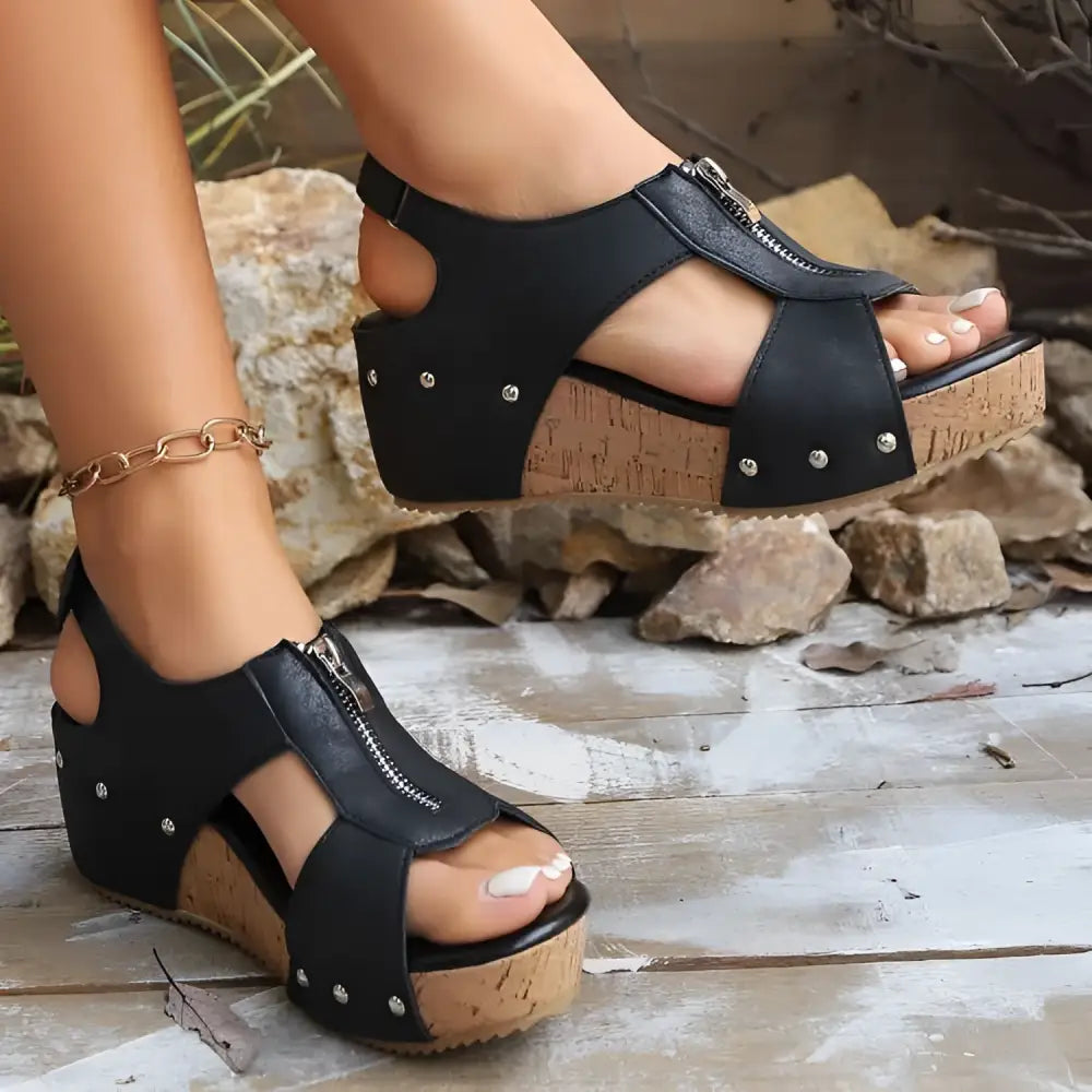 Black Studded Leather Zipper Wedges Sandals