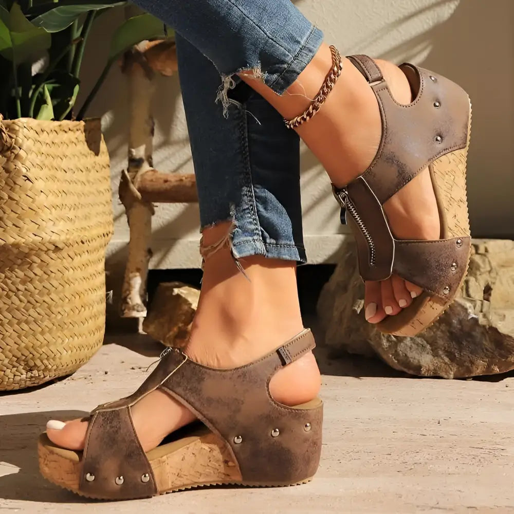 Black Studded Leather Zipper Wedges Sandals