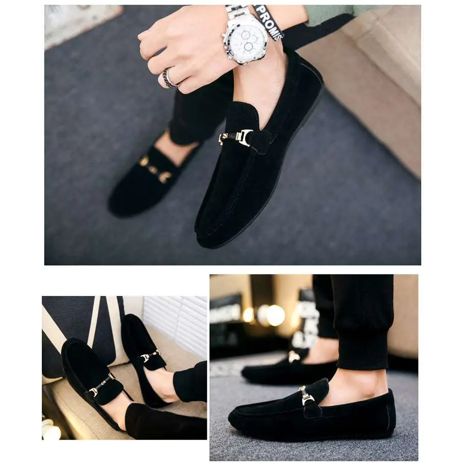 Black Suede Casual Shoes Peas with Gold Buckle