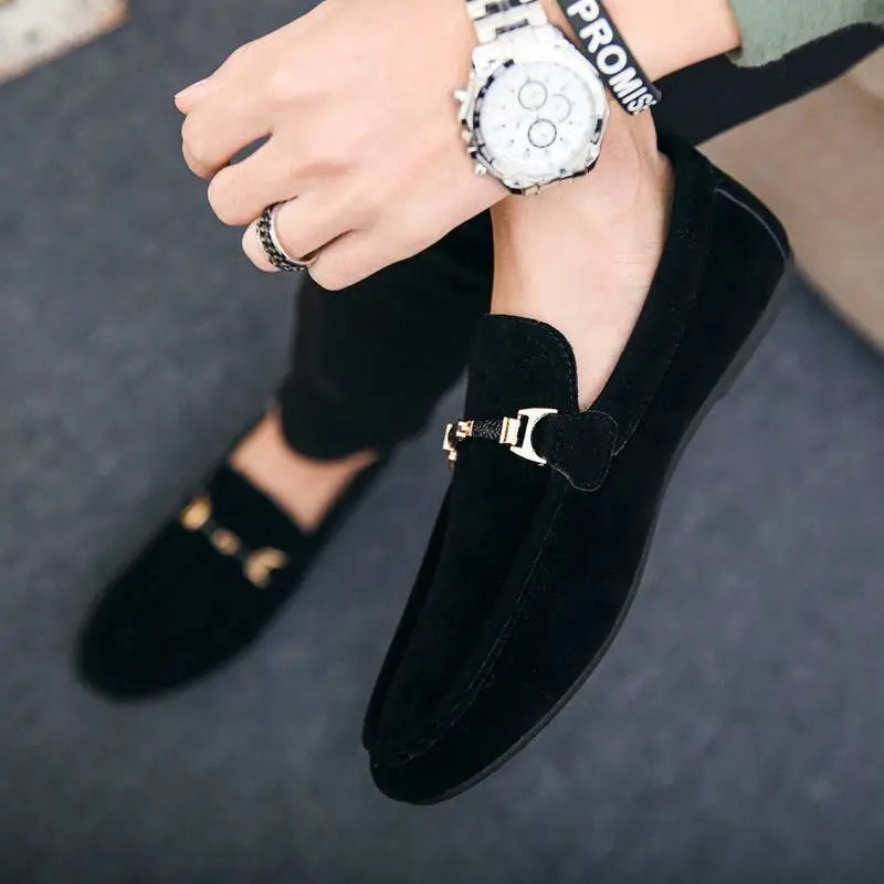 Black Suede Casual Shoes Peas with Gold Buckle