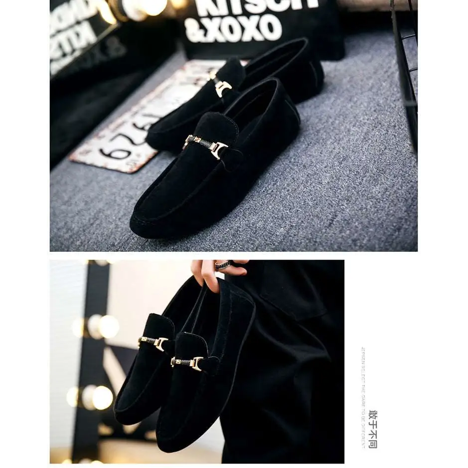 Black Suede Casual Shoes Peas with Gold Buckle