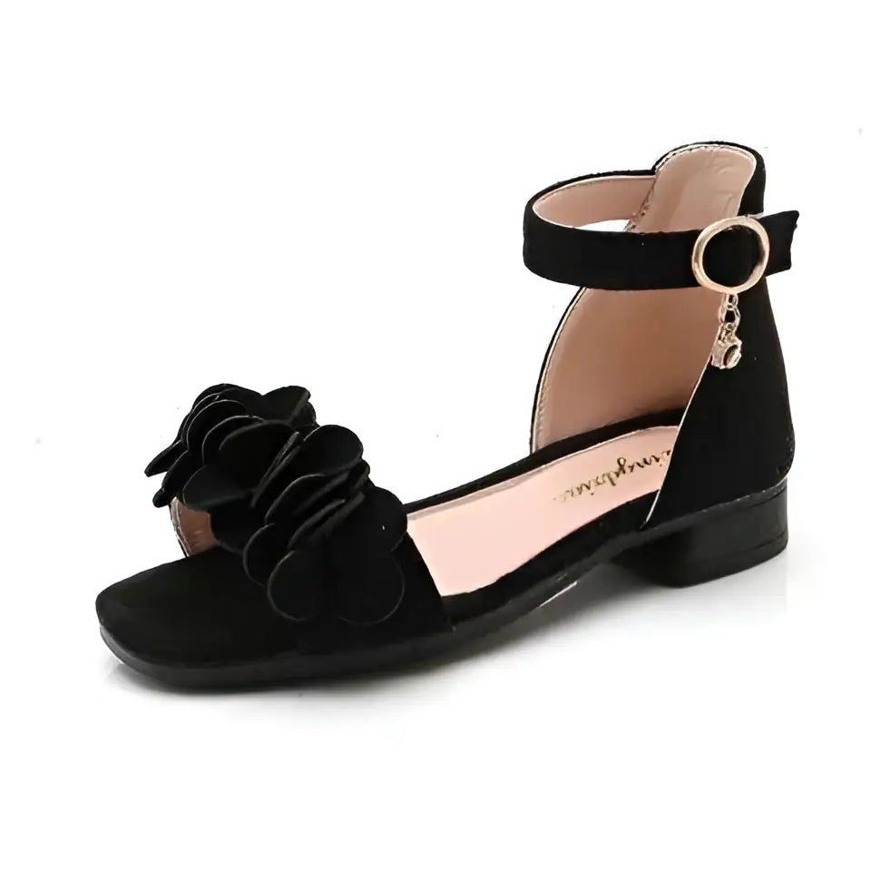 Black Suede Floral Girls Sandals Beach Princess