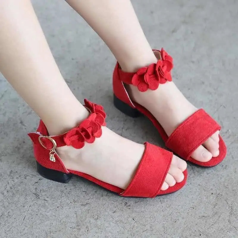 Black Suede Floral Girls Sandals Beach Princess