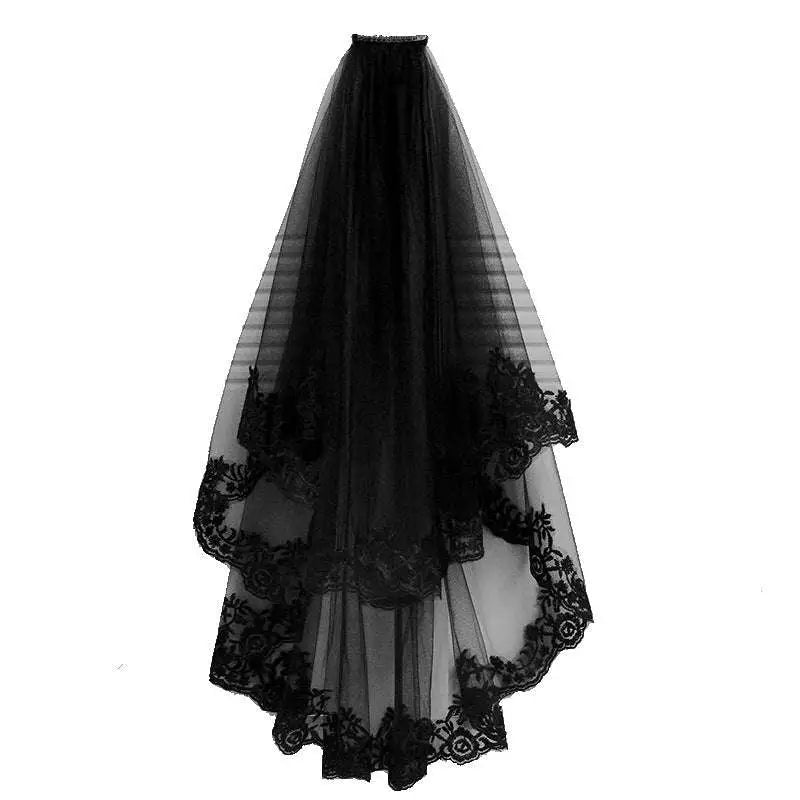Black Veil Short Lace Headdress with Floral Embroidery