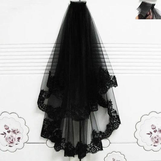 Black Veil Short Lace Headdress with Floral Embroidery