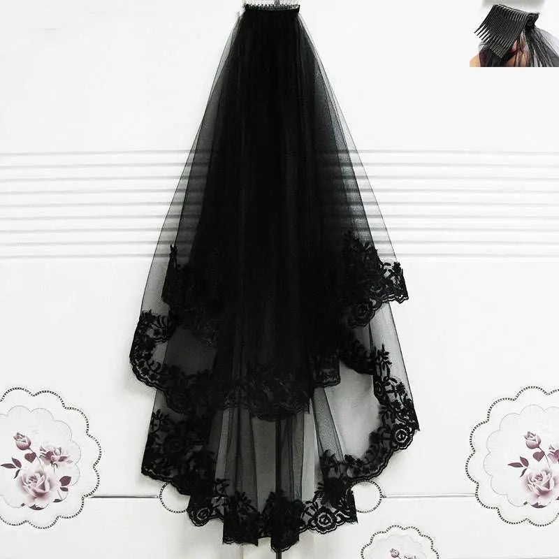 Black Veil Short Lace Headdress with Floral Embroidery