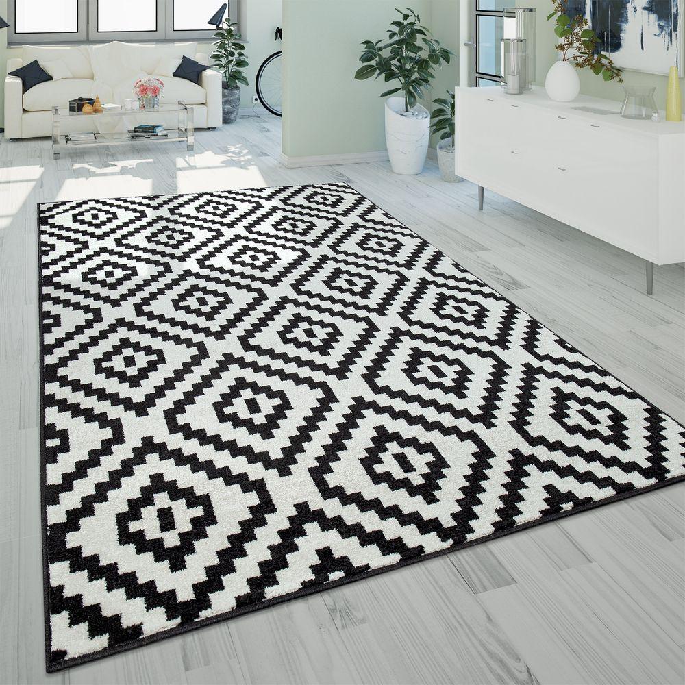 Black White Living Room Rug Boho Design Diamond Pattern-0
