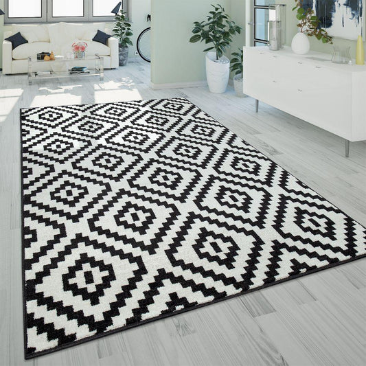 Black White Living Room Rug Boho Design Diamond Pattern-0