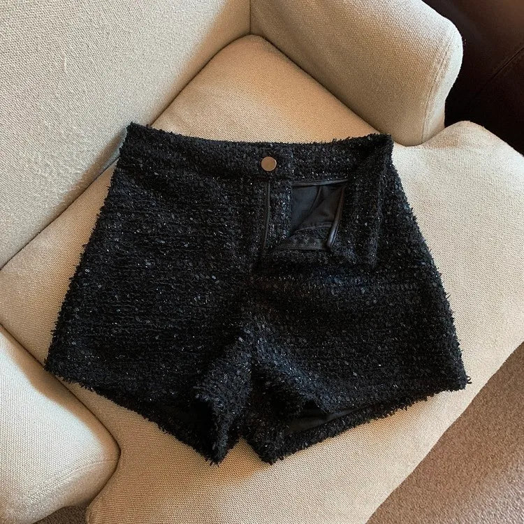 black Boucle texture lounge short for women black knit