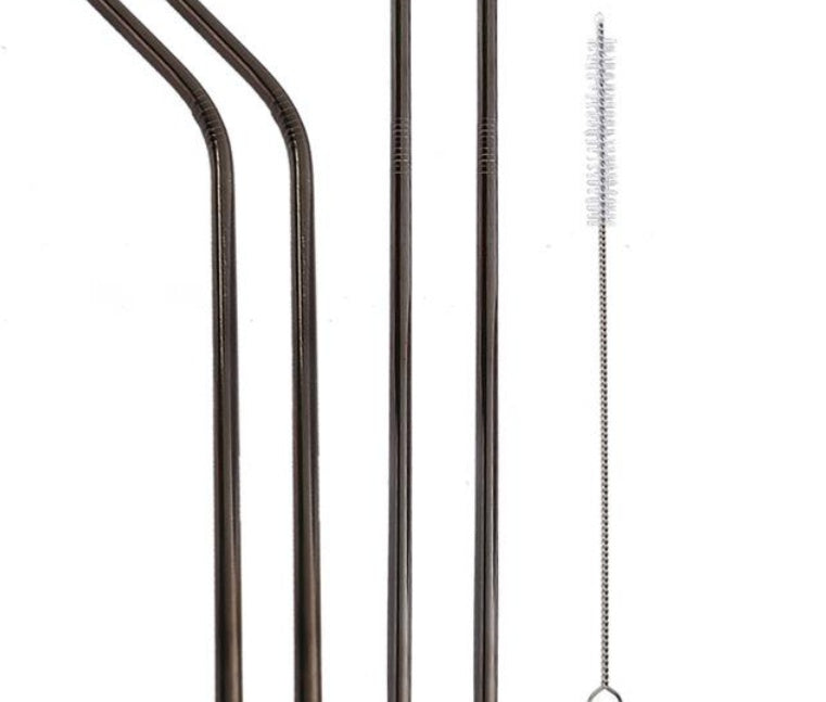 Set of three black metal steel straws and a cleaning brush on a white background