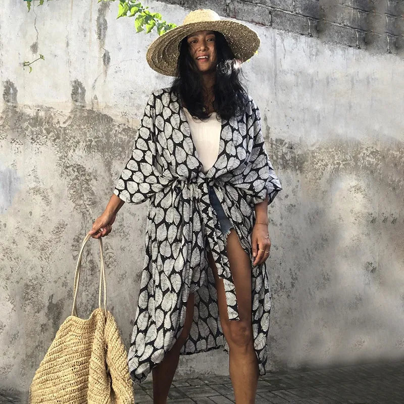 black and beige Monaco Poolside Kimono Cover-Ups for women swimsuit throw