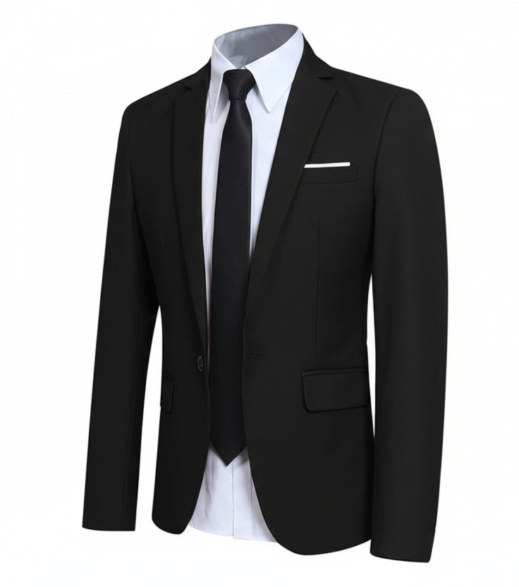 Black suit jacket with white shirt and black tie on a white background