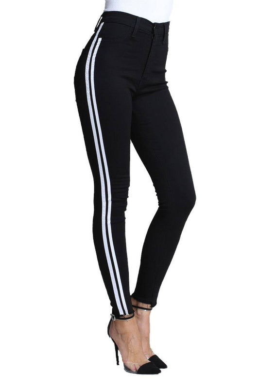 Black Denim with White Stripes Jeans {unfinished bottoms}