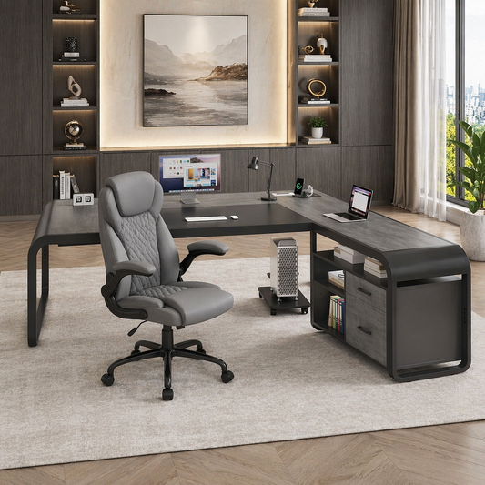 61" L-Shaped Executive Desk with File Storage & Power Outlets + Ergonomic PU Chair, Gray Set-0