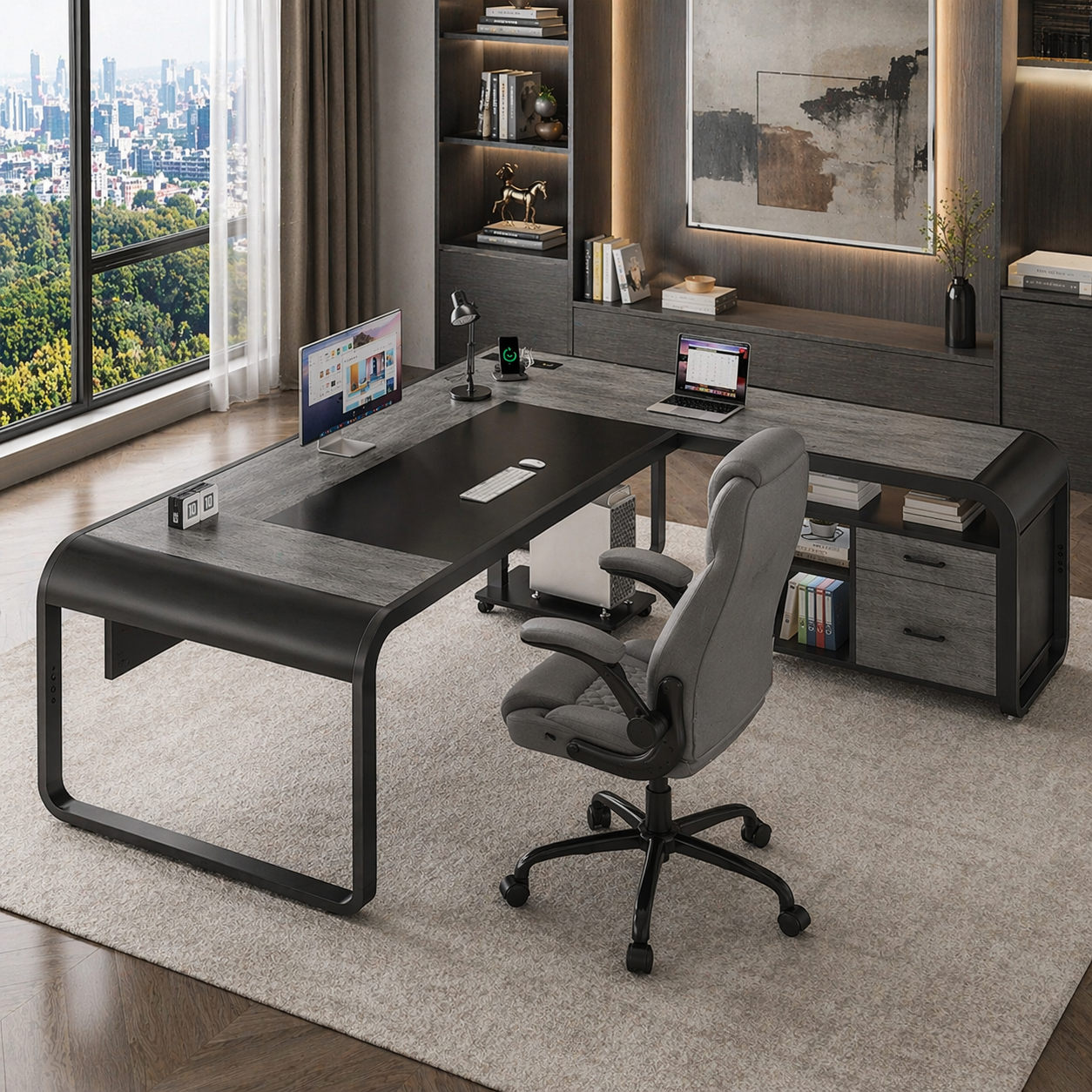 61" L-Shaped Executive Desk with File Storage & Power Outlets + Ergonomic PU Chair, Gray Set-2