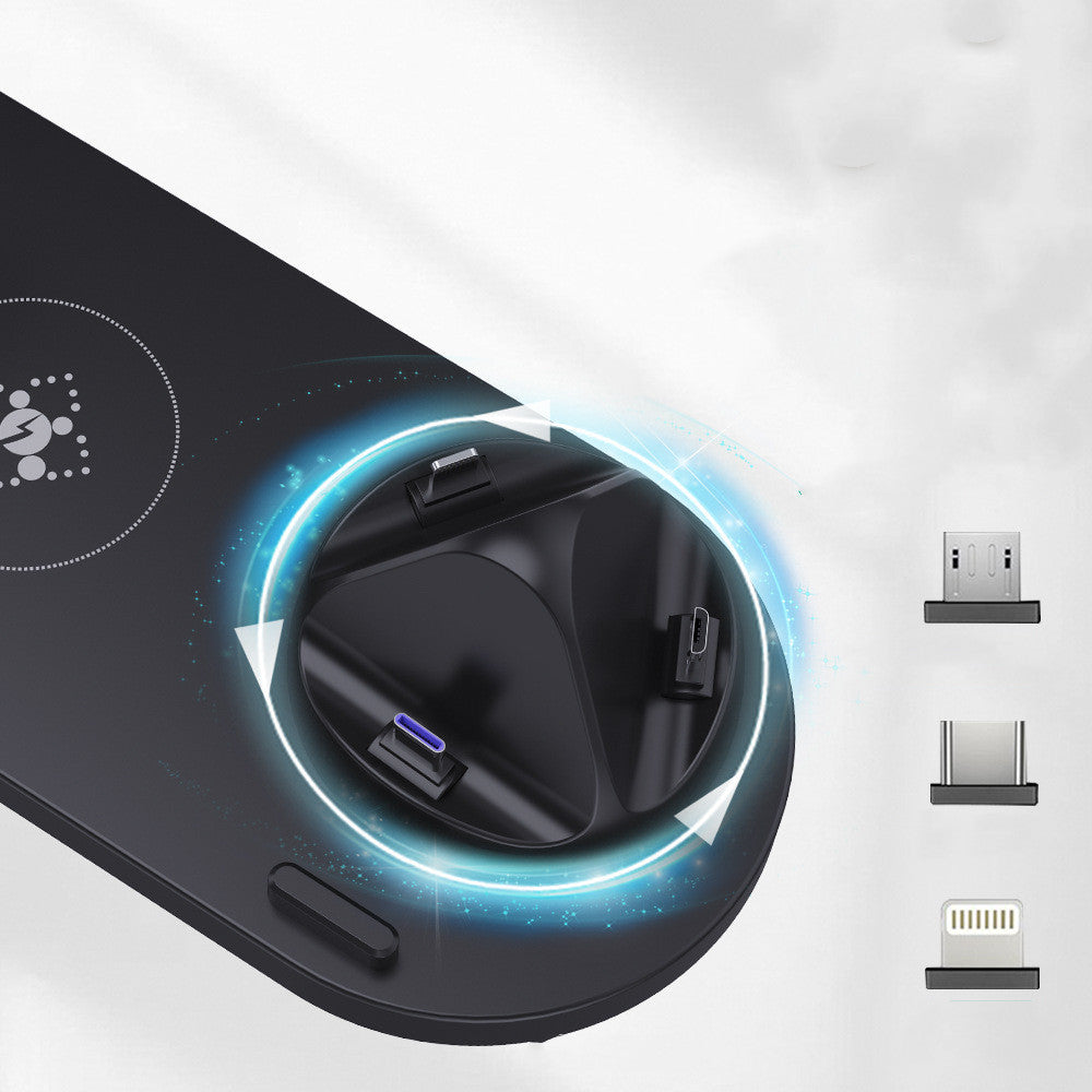 Black electronic device with glowing blue circle on a white background