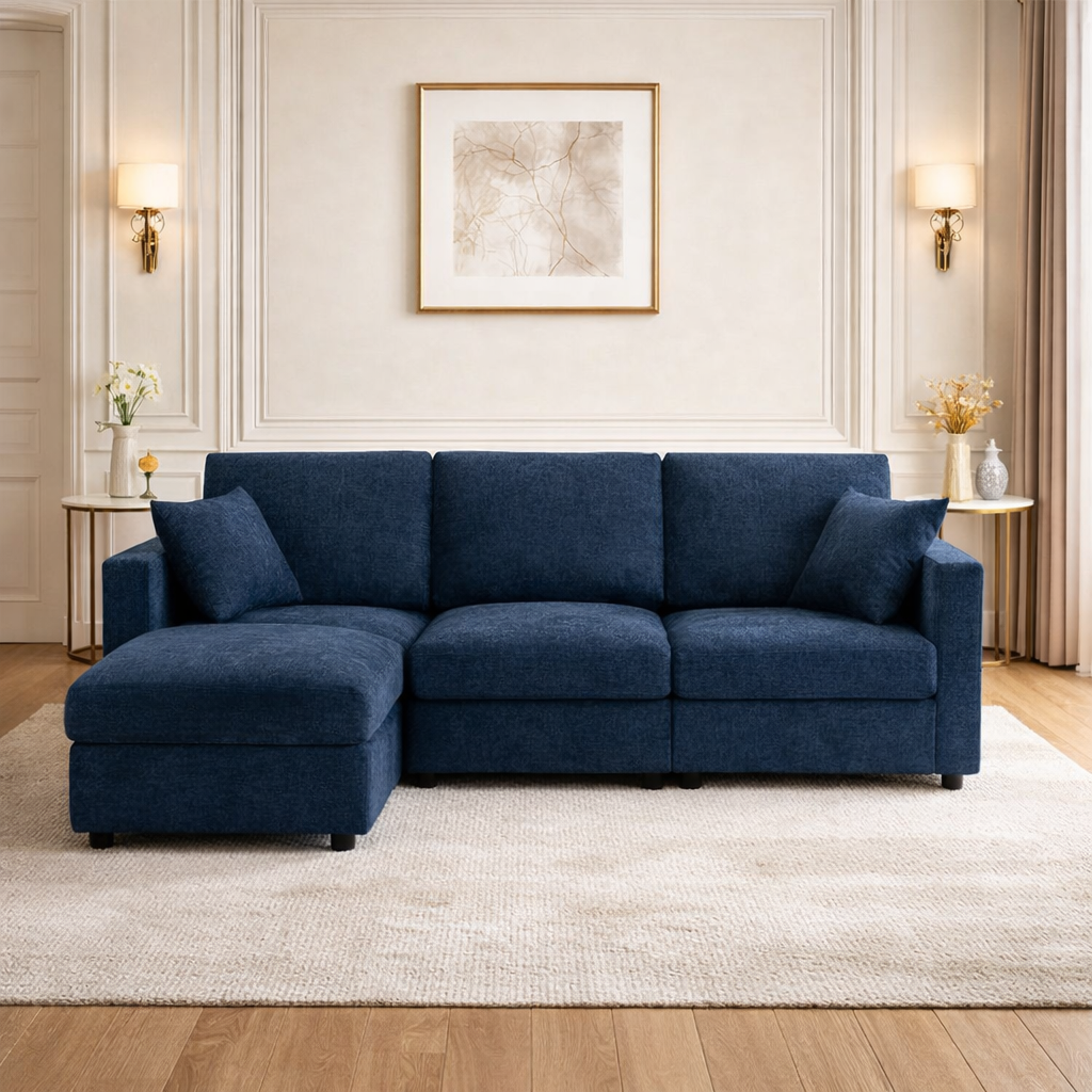 84" L-Shaped Chenille Sectional Sofa with Ottoman and Storage Coffee Table Set Dark Blue-3