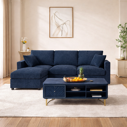 84" L-Shaped Chenille Sectional Sofa with Ottoman and Storage Coffee Table Set Dark Blue-0
