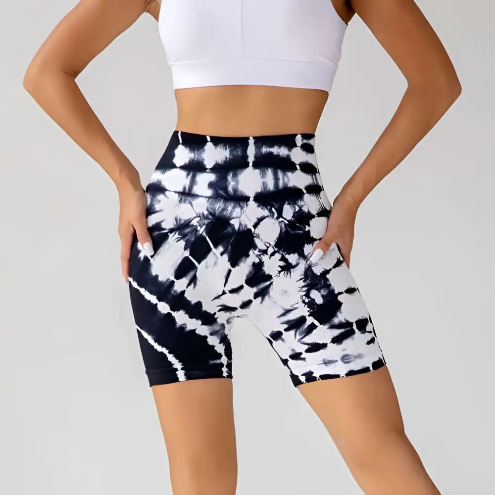 Blue and White Printed Yoga Shorts
