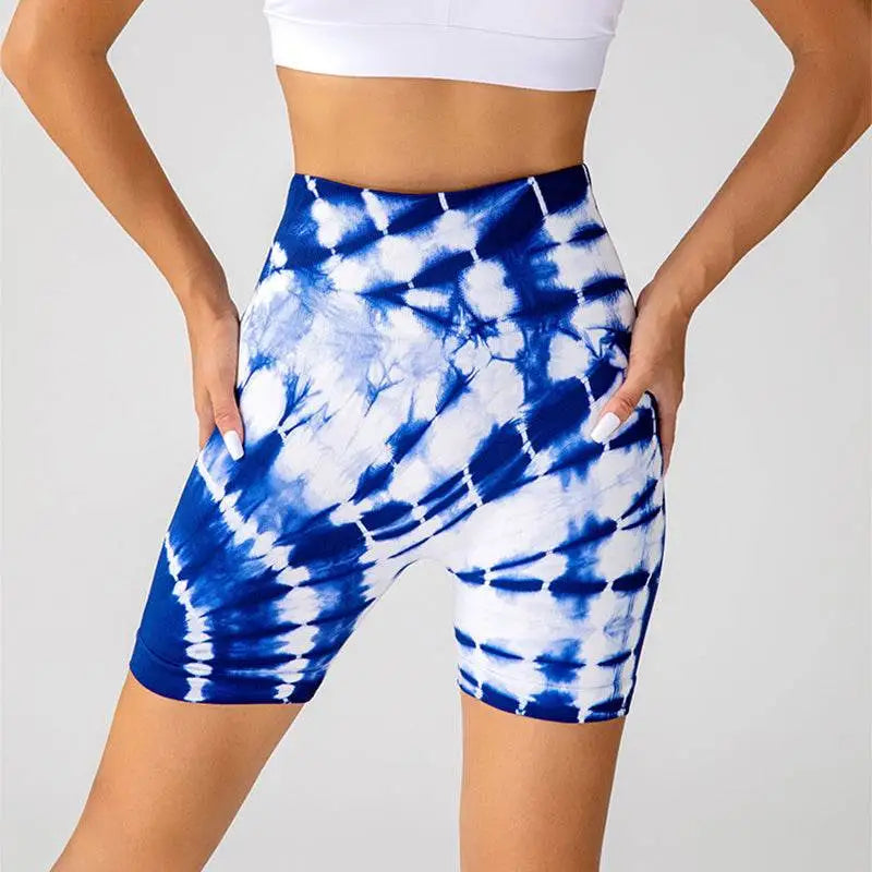 Blue and White Printed Yoga Shorts