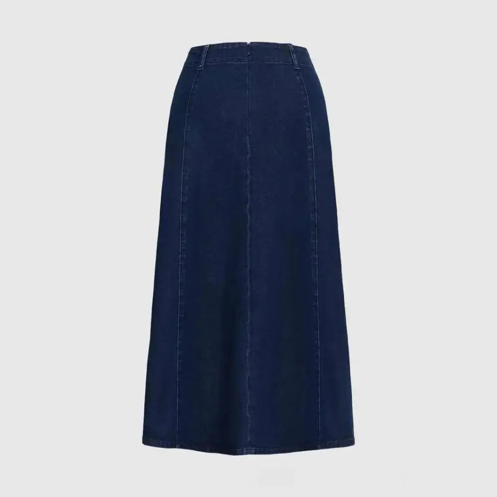 Blue Denim Women's A-Line Midi Dress with Belt