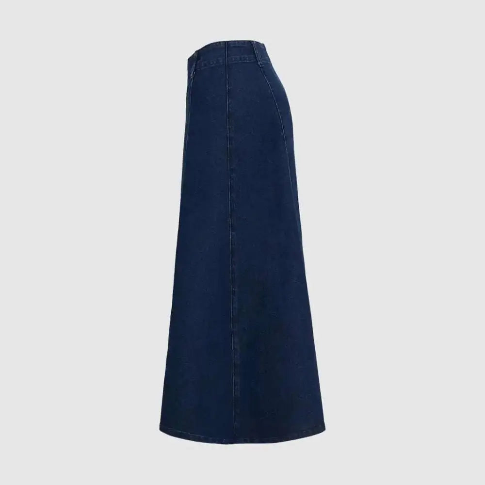 Blue Denim Women's A-Line Midi Dress with Belt