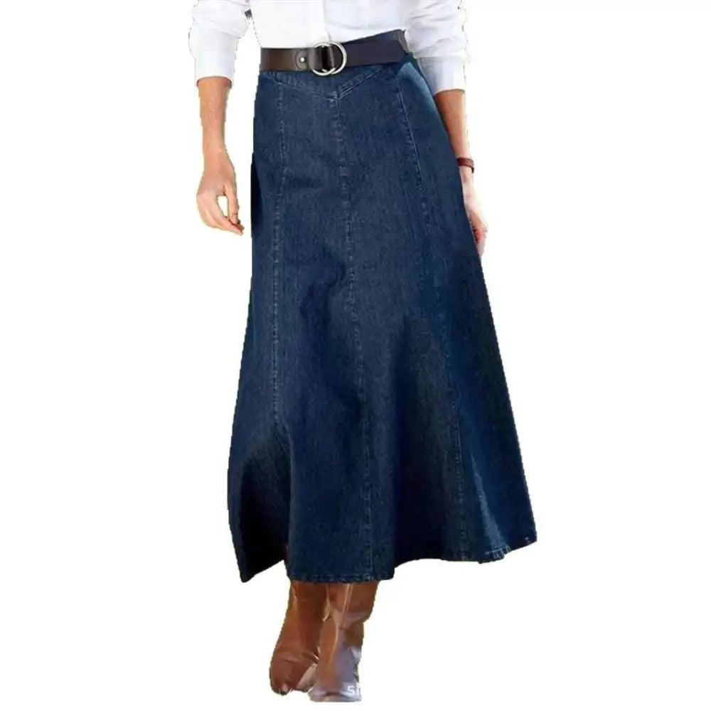 Blue Denim Women's A-Line Midi Dress with Belt