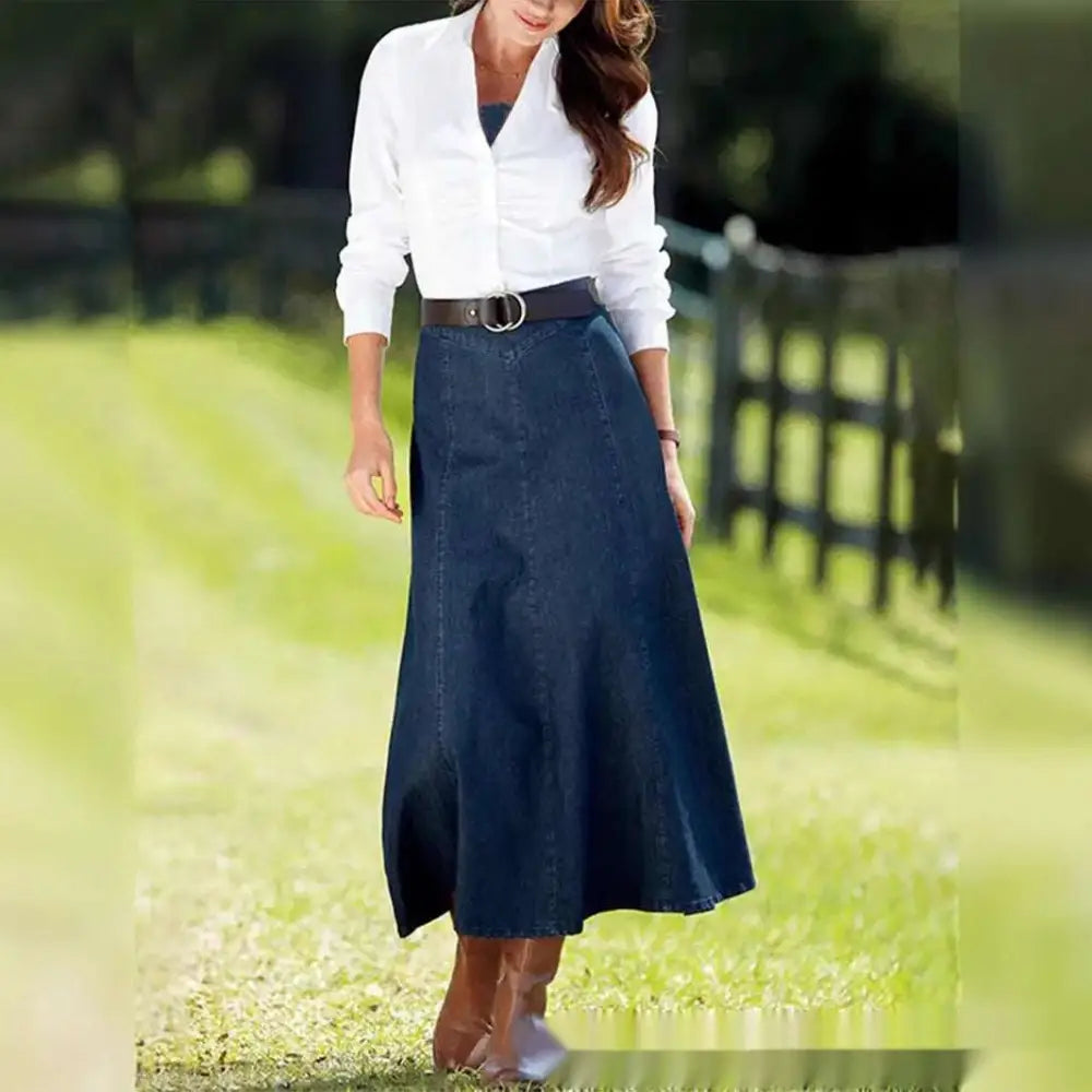 Blue Denim Women's A-Line Midi Dress with Belt