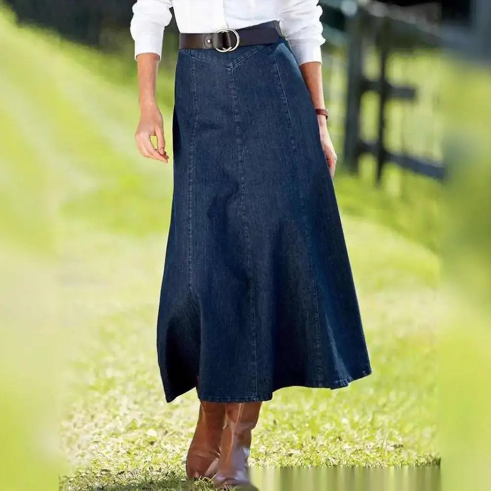 Blue Denim Women's A-Line Midi Dress with Belt
