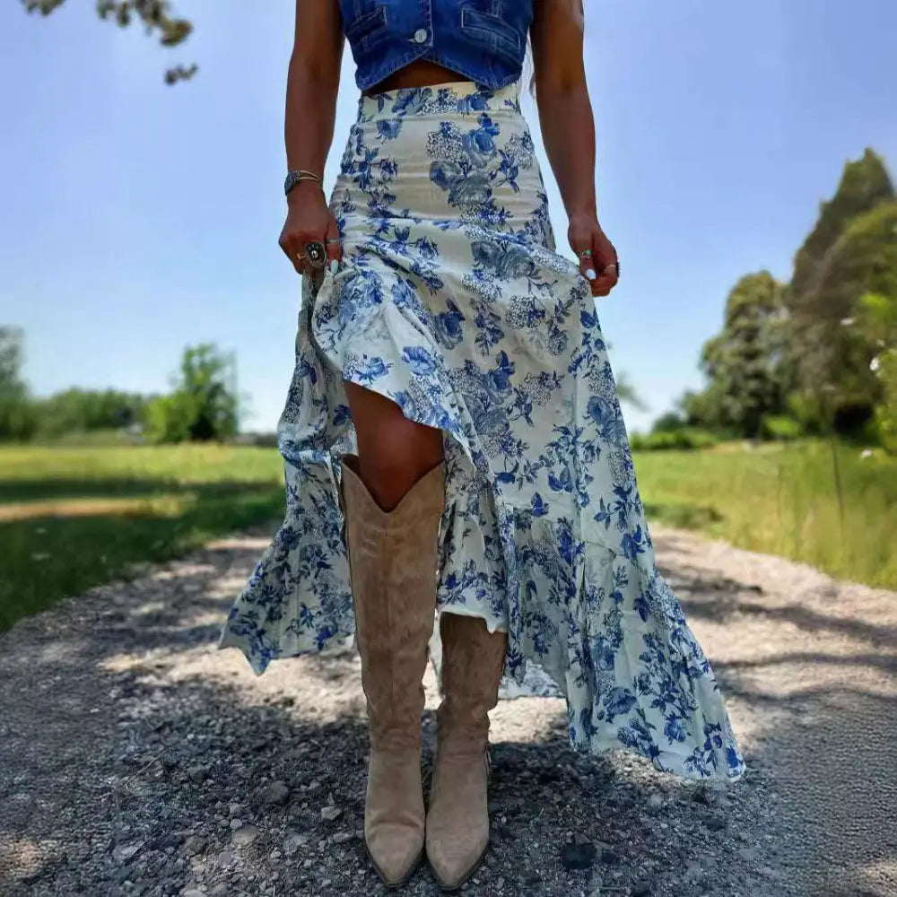 Blue Floral Split Print Pleating Big Hem Skirt