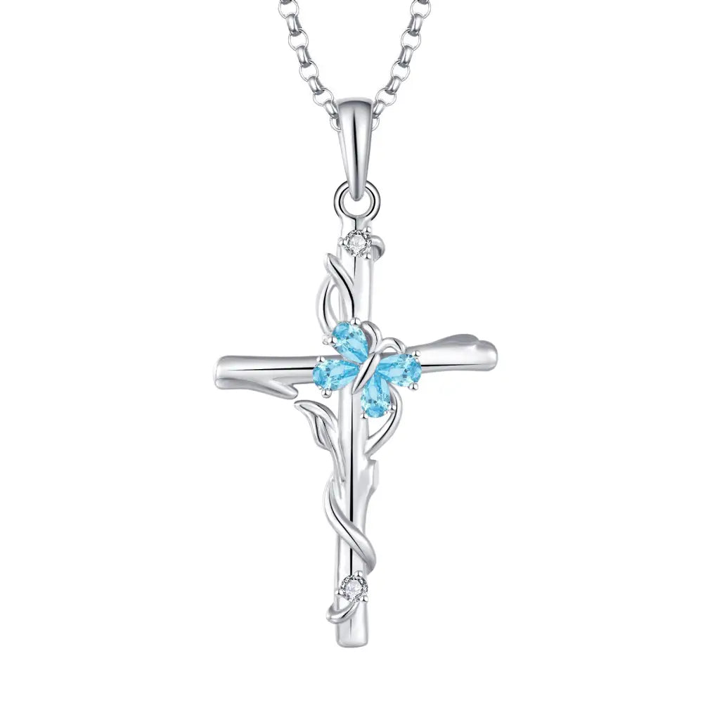 Blue Gemstone Cross Necklace Sterling Silver Women