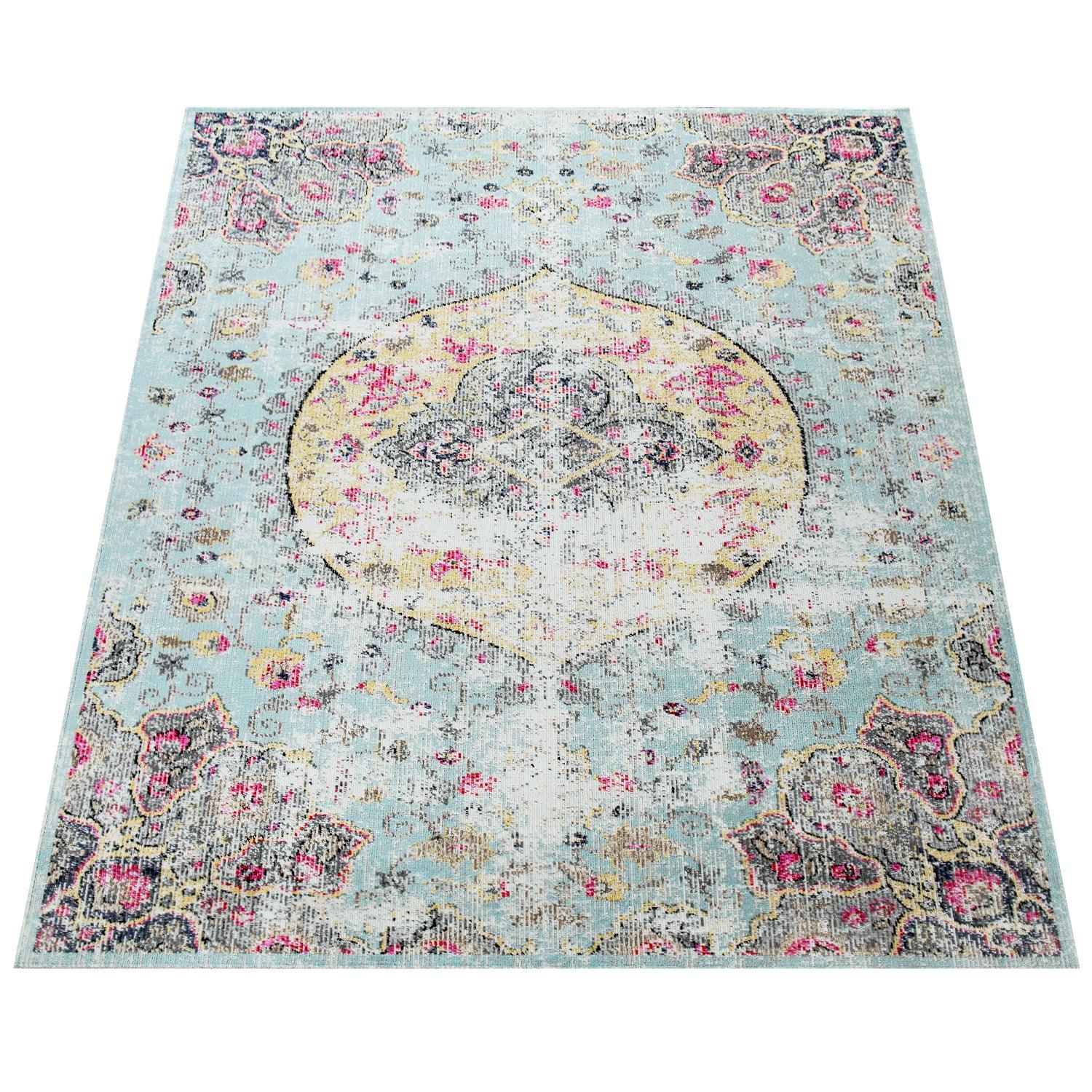 Blue Outdoor Rug Oriental Design Pastel Colors-3