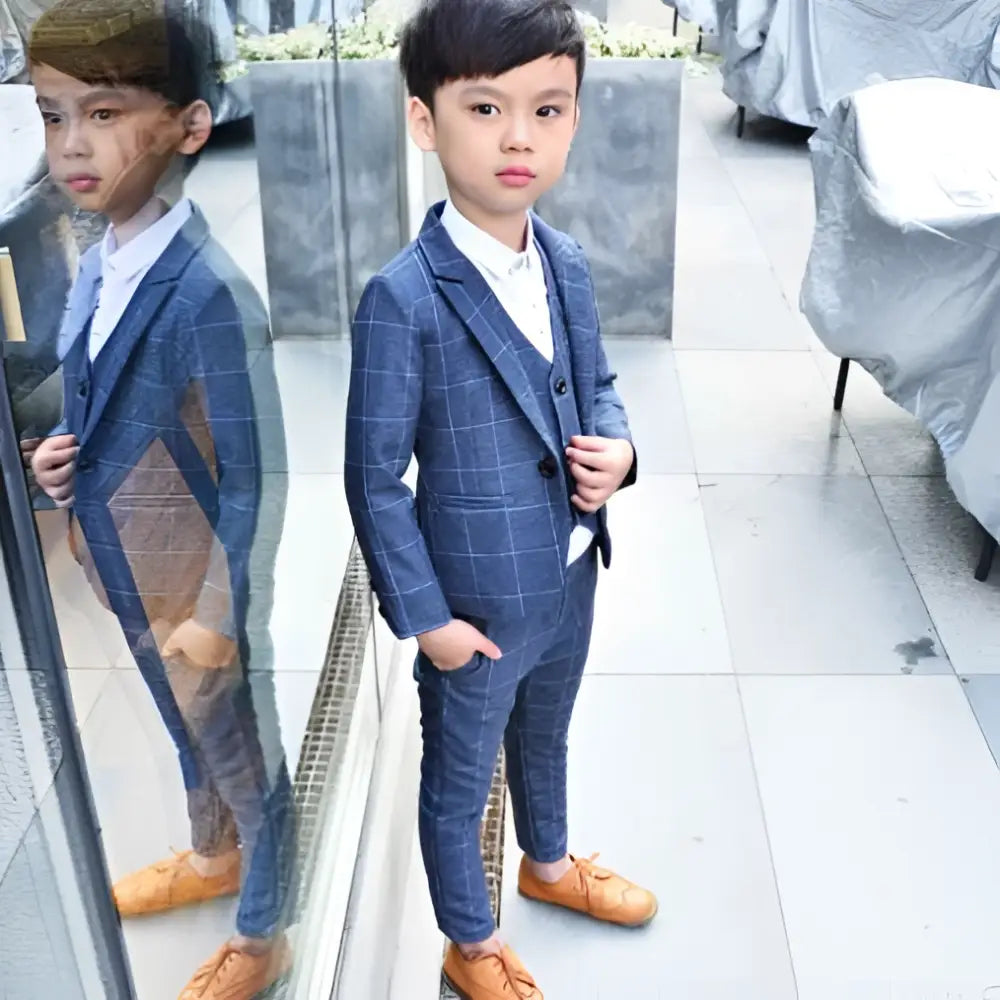 Blue Plaid Children’s Three-piece Fashion Suit