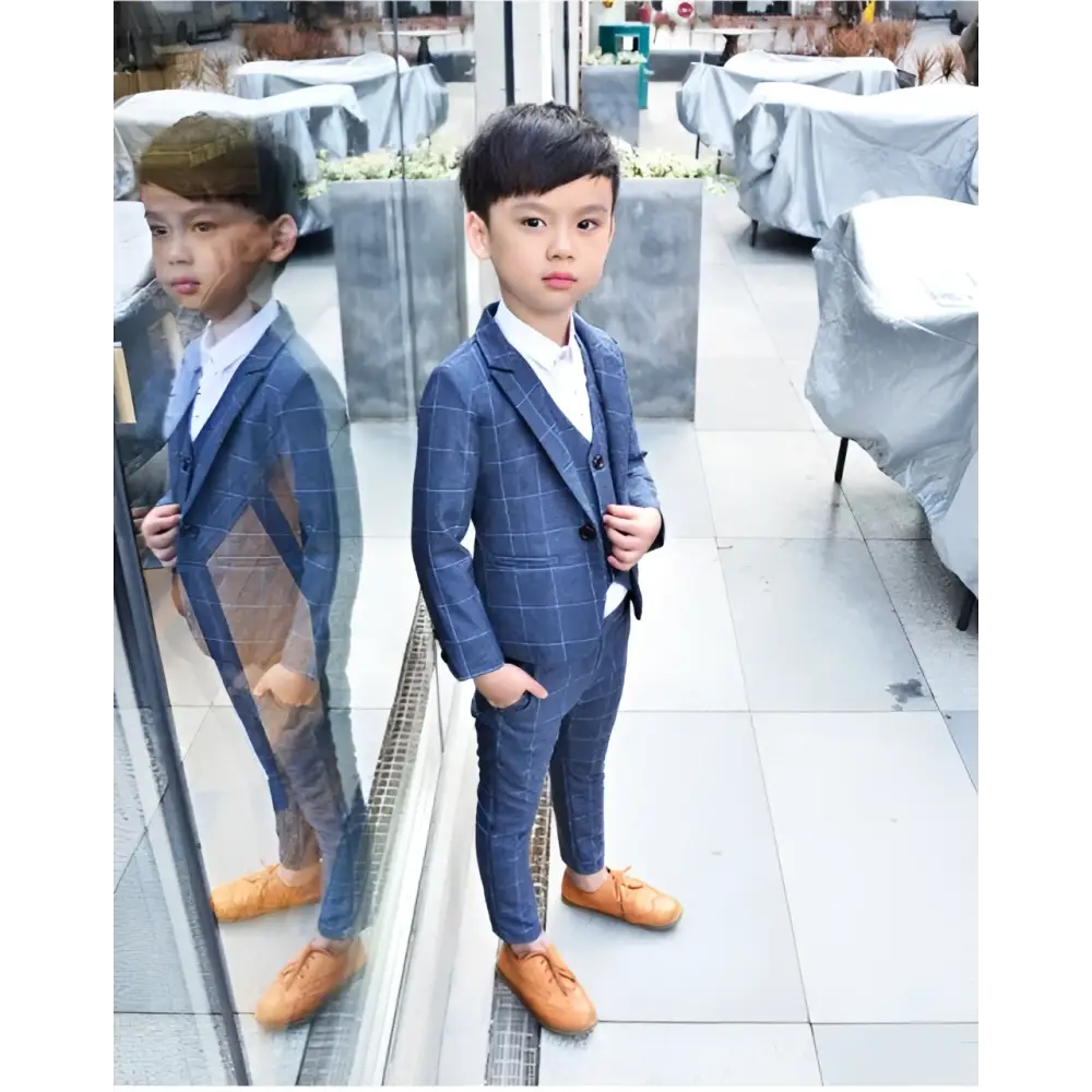 Blue Plaid Children’s Three-piece Fashion Suit