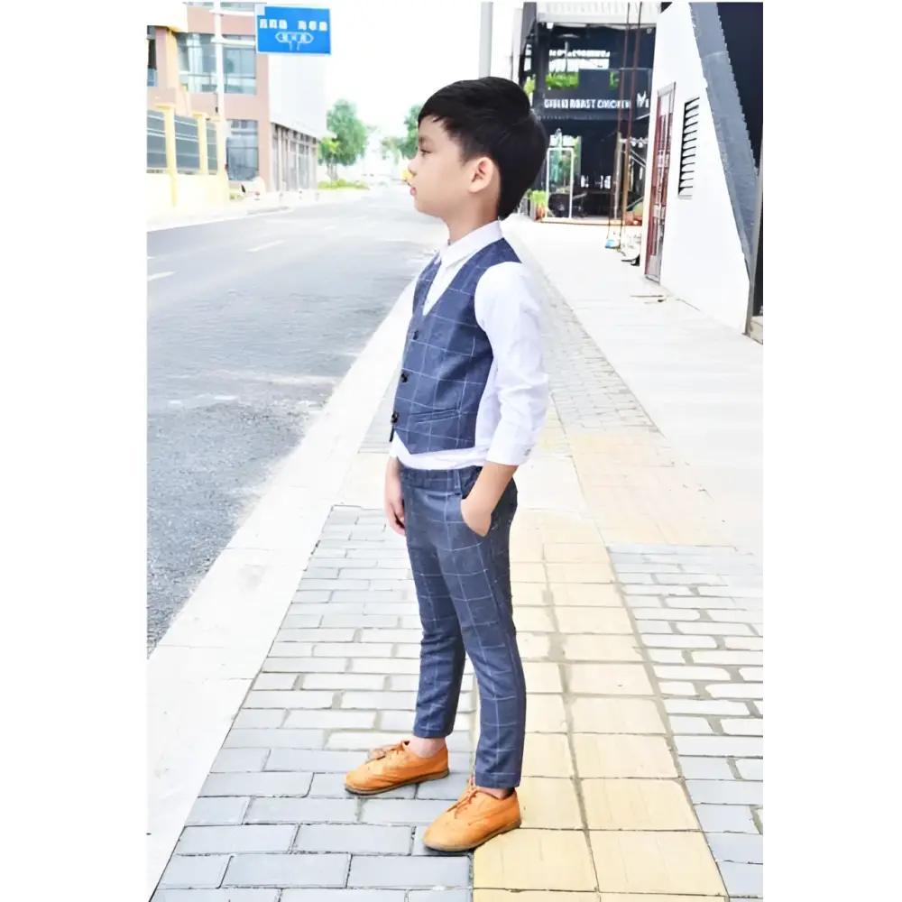 Blue Plaid Children’s Three-piece Fashion Suit