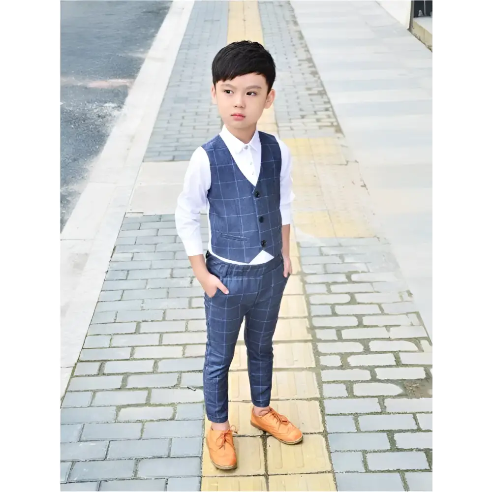 Blue Plaid Children’s Three-piece Fashion Suit