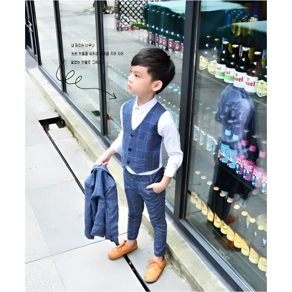Blue Plaid Children’s Three-piece Fashion Suit