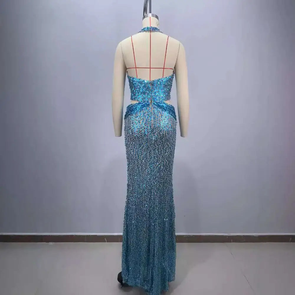 Blue Sequined Slimming Party Stage Host Mermaid Gown