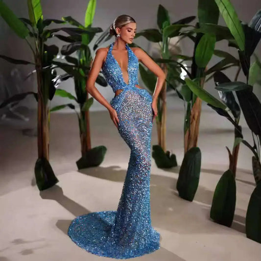 Blue Sequined Slimming Party Stage Host Mermaid Gown