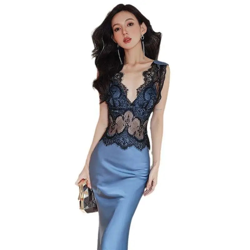Blue Sleeveless Lace Sheath Dress