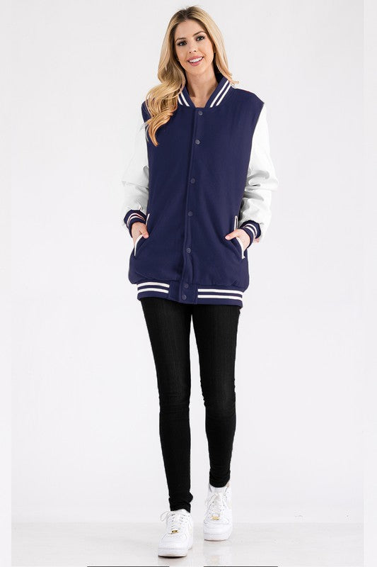 Women's Boyfriend Oversize Letterman Jacket
Varsity Jacket Style
Snap Button Closure
PU Sleeve
Padded and Quilted Inside
Inside Left Chest Pocket

100% Polyester