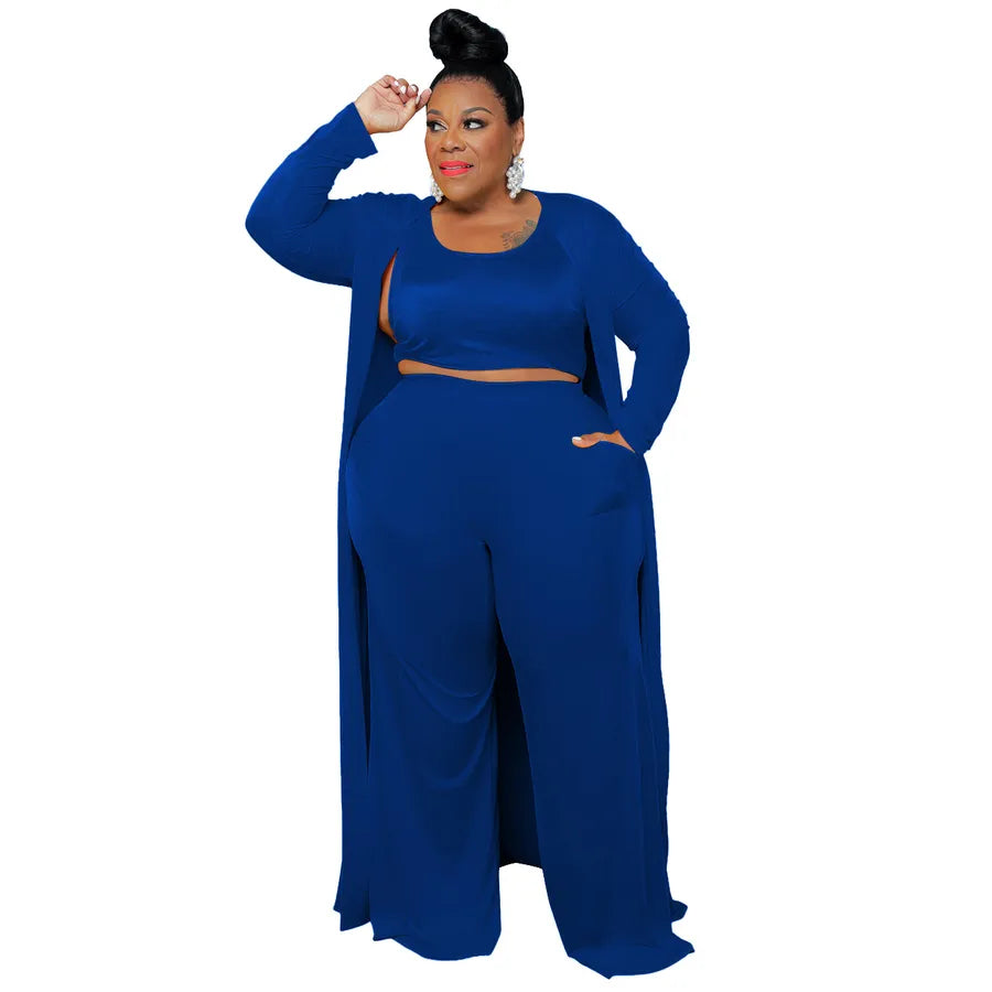 blue plus size 3 piece out fit set on a white background