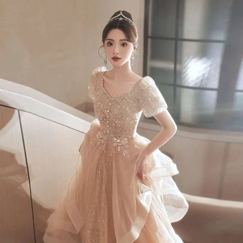 Blush Beaded Tulle Luxury Evening Dress