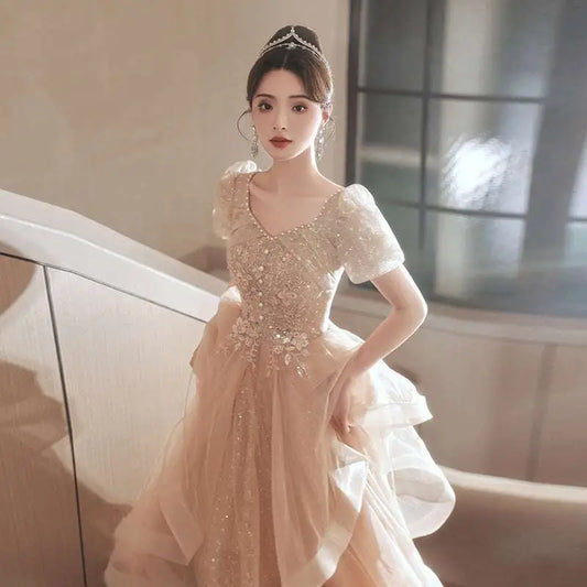 Blush Beaded Tulle Luxury Evening Dress