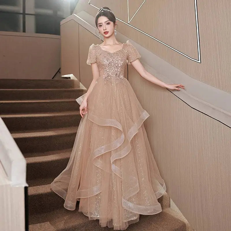 Blush Beaded Tulle Luxury Evening Dress