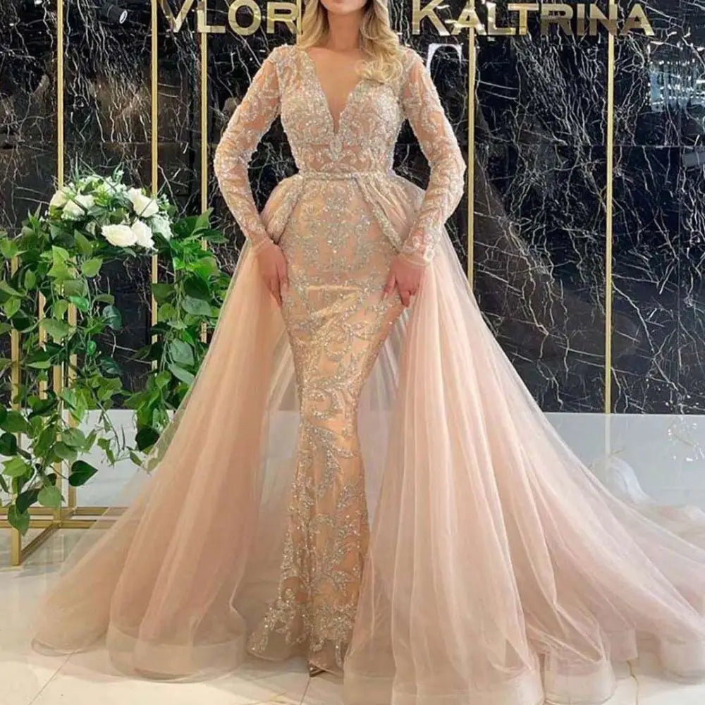 Blush Pink Beaded French Style Simple Wedding Dress